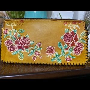 Hand Made Leather Wallet Wristlet Flower